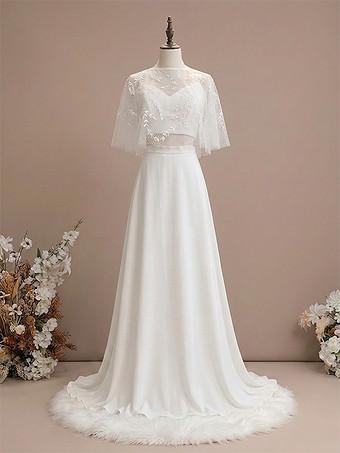 3ピースウェディングドレス レースサテン生地 イリュージョンネックライン ファスナー ハーフスリーブ