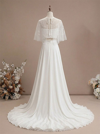 3ピースウェディングドレス レースサテン生地 イリュージョンネックライン ファスナー ハーフスリーブ