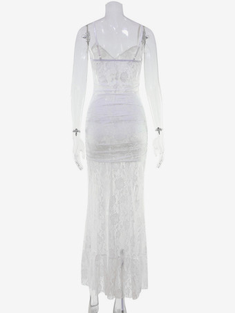 シースルーレースフリルマキシスリップドレス（レディース） - ホワイト セクシー ハイローヘム スパゲッティストラップ ボディコンガウン - サマーガラパーティー 2026