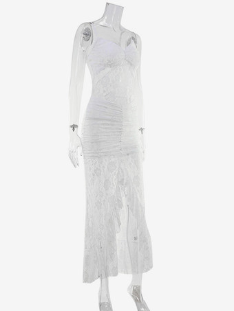 シースルーレースフリルマキシスリップドレス（レディース） - ホワイト セクシー ハイローヘム スパゲッティストラップ ボディコンガウン - サマーガラパーティー 2026