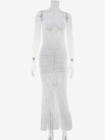 シースルーレースフリルマキシスリップドレス（レディース） - ホワイト セクシー ハイローヘム スパゲッティストラップ ボディコンガウン - サマーガラパーティー 2026