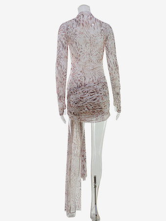 ヒョウ柄メッシュミニドレス（女性用） - モックネック、長袖、ドレープトレーン、ボディコン - 春のナイトアウト、クラブパーティー、2026年