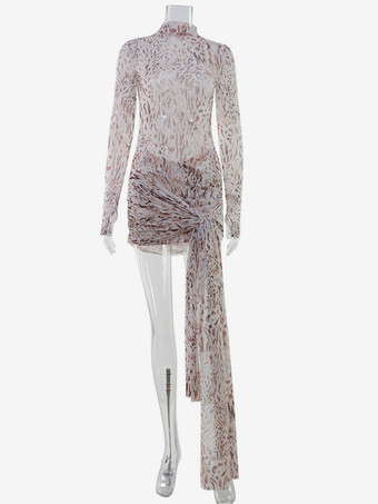 ヒョウ柄メッシュミニドレス（女性用） - モックネック、長袖、ドレープトレーン、ボディコン - 春のナイトアウト、クラブパーティー、2026年