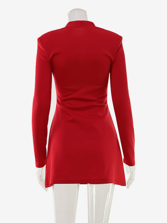 キーホールネックミニドレス（レディース） - レッド、エレガントなパッド入りショルダー、長袖、スリムフィット、ボディコン - 春のデートナイト 2026