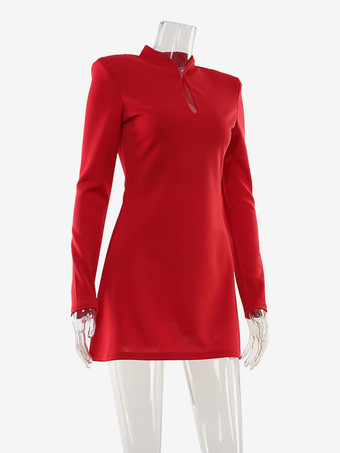 キーホールネックミニドレス（レディース） - レッド、エレガントなパッド入りショルダー、長袖、スリムフィット、ボディコン - 春のデートナイト 2026