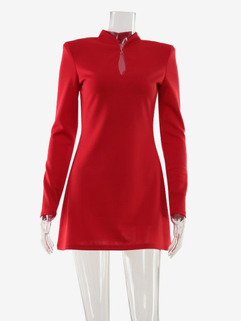 キーホールネックミニドレス（レディース） - レッド、エレガントなパッド入りショルダー、長袖、スリムフィット、ボディコン - 春のデートナイト 2026