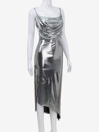 メタリックカウルネックスリップドレス（レディース） - シルバーのセクシーなカットアウトバックアシンメトリーミディスリットドレス - 夏のナイトクラブパーティー2026
