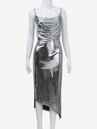 メタリックカウルネックスリップドレス（レディース） - シルバーのセクシーなカットアウトバックアシンメトリーミディスリットドレス - 夏のナイトクラブパーティー2026