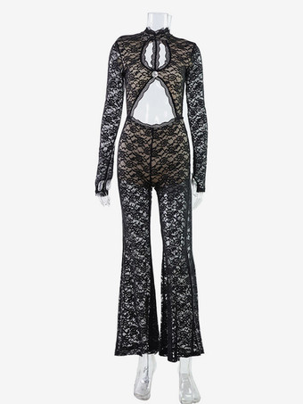 レースカットアウトボディスーツ（女性用） - ブラックゴシックオープンバック花柄シースルーフレアロンパース - 春の夜のお出かけパーティークラブウェア 2026