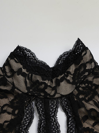 レースカットアウトボディスーツ（女性用） - ブラックゴシックオープンバック花柄シースルーフレアロンパース - 春の夜のお出かけパーティークラブウェア 2026