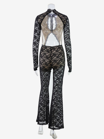 レースカットアウトボディスーツ（女性用） - ブラックゴシックオープンバック花柄シースルーフレアロンパース - 春の夜のお出かけパーティークラブウェア 2026