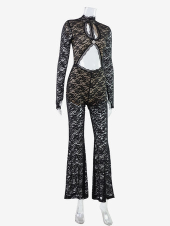レースカットアウトボディスーツ（女性用） - ブラックゴシックオープンバック花柄シースルーフレアロンパース - 春の夜のお出かけパーティークラブウェア 2026