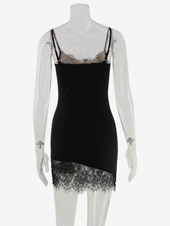 レーストリム スリップドレス（レディース） - ブラック Y2K風 ノースリーブ ボディコン ミニドレス - 夏の夜のパーティーウェア 2026