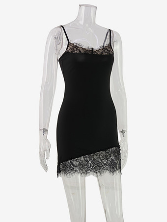 レーストリム スリップドレス（レディース） - ブラック Y2K風 ノースリーブ ボディコン ミニドレス - 夏の夜のパーティーウェア 2026