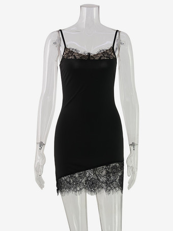 レーストリム スリップドレス（レディース） - ブラック Y2K風 ノースリーブ ボディコン ミニドレス - 夏の夜のパーティーウェア 2026