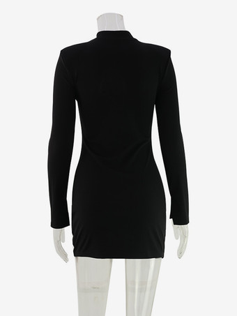 カットアウトミニドレス（女性用） - ブラック、エレガントな長袖、ゴールドボタン、ボディコン - 春のナイトアウト、クラブパーティー、2026年