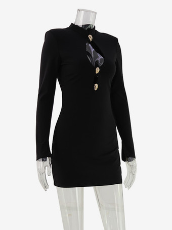 カットアウトミニドレス（女性用） - ブラック、エレガントな長袖、ゴールドボタン、ボディコン - 春のナイトアウト、クラブパーティー、2026年