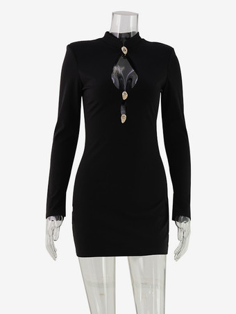 カットアウトミニドレス（女性用） - ブラック、エレガントな長袖、ゴールドボタン、ボディコン - 春のナイトアウト、クラブパーティー、2026年