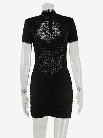 シースルーレースカットアウトボディコンドレス（女性用） - ブラックゴシックシックギャザーミニシースドレス - 夏の夜のパーティーに最適 2026