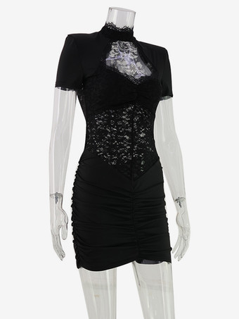 シースルーレースカットアウトボディコンドレス（女性用） - ブラックゴシックシックギャザーミニシースドレス - 夏の夜のパーティーに最適 2026