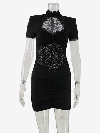 シースルーレースカットアウトボディコンドレス（女性用） - ブラックゴシックシックギャザーミニシースドレス - 夏の夜のパーティーに最適 2026