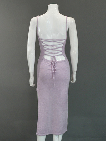 背中開きニットスリップドレス（レディース） - レースアップリブサイドスリットミディボディコン - 2026年夏ビーチバケーション