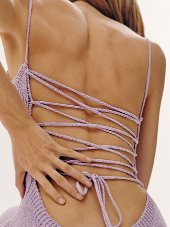 背中開きニットスリップドレス（レディース） - レースアップリブサイドスリットミディボディコン - 2026年夏ビーチバケーション