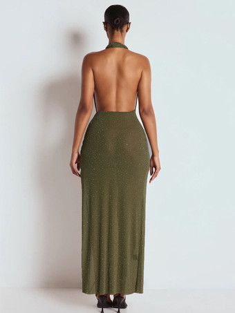ホルターネックのディープVネックマキシドレス（女性用） - オリーブグリーンのグリッターハイカットスリット入りバックレスシースルーガウン - 夏の夜のクラブパーティーに最適 2026