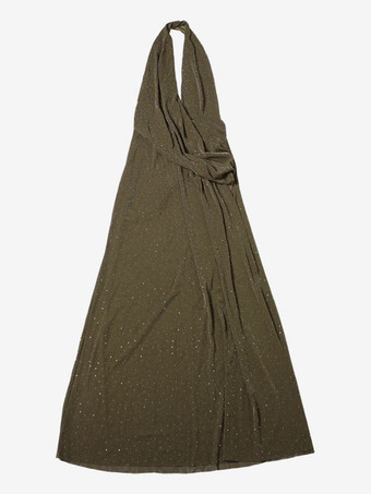 ホルターネックのディープVネックマキシドレス（女性用） - オリーブグリーンのグリッターハイカットスリット入りバックレスシースルーガウン - 夏の夜のクラブパーティーに最適 2026