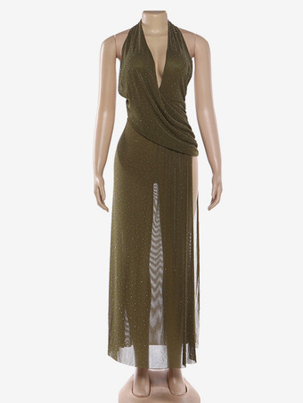 ホルターネックのディープVネックマキシドレス（女性用） - オリーブグリーンのグリッターハイカットスリット入りバックレスシースルーガウン - 夏の夜のクラブパーティーに最適 2026
