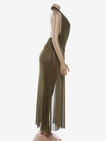 ホルターネックのディープVネックマキシドレス（女性用） - オリーブグリーンのグリッターハイカットスリット入りバックレスシースルーガウン - 夏の夜のクラブパーティーに最適 2026