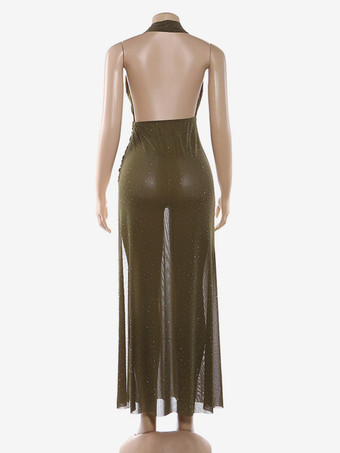 ホルターネックのディープVネックマキシドレス（女性用） - オリーブグリーンのグリッターハイカットスリット入りバックレスシースルーガウン - 夏の夜のクラブパーティーに最適 2026