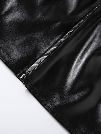 レディース用フェイクレザークロップトップ - ブラック セクシーカットアウトモックネック半袖トップス - サマーレイブクラブウェア 2026