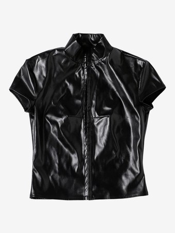 レディース用フェイクレザークロップトップ - ブラック セクシーカットアウトモックネック半袖トップス - サマーレイブクラブウェア 2026