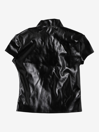 レディース用フェイクレザークロップトップ - ブラック セクシーカットアウトモックネック半袖トップス - サマーレイブクラブウェア 2026