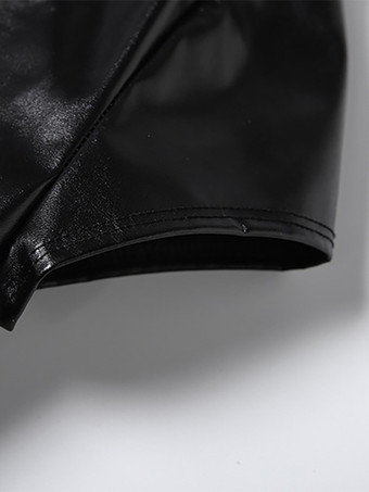 レディース用フェイクレザークロップトップ - ブラック セクシーカットアウトモックネック半袖トップス - サマーレイブクラブウェア 2026