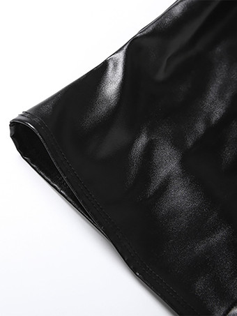 レディース用フェイクレザークロップトップ - ブラック セクシーカットアウトモックネック半袖トップス - サマーレイブクラブウェア 2026