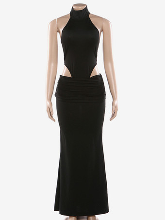 ブラック セクシー クラブ ツーピースセット レディース - ハイネック バックレス ボディスーツとロングスカート - 夏の夜のお出かけ 2026