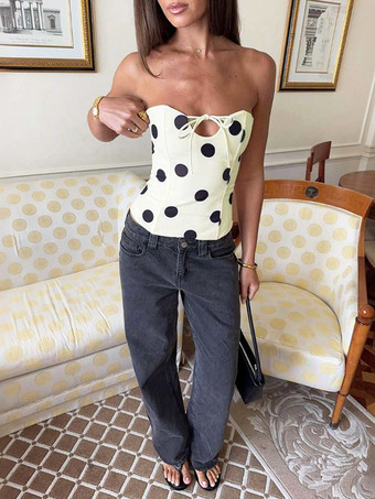 水玉模様のホルターネックコルセットトップ（レディース） - ホワイト ヴィンテージ ノースリーブ スリムフィット ビスチェ - サマービーチパーティー 2026