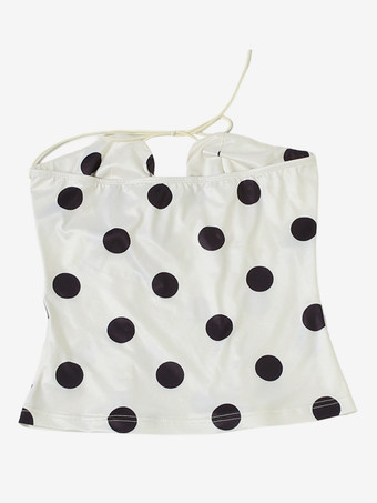 水玉模様のホルターネックコルセットトップ（レディース） - ホワイト ヴィンテージ ノースリーブ スリムフィット ビスチェ - サマービーチパーティー 2026