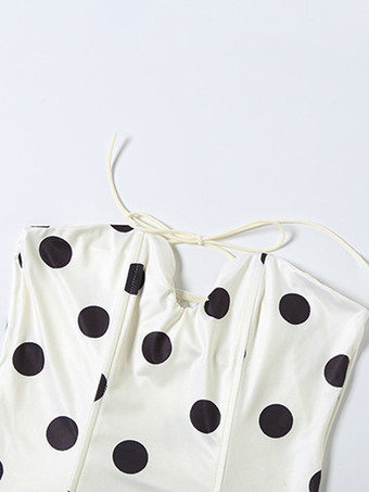 水玉模様のホルターネックコルセットトップ（レディース） - ホワイト ヴィンテージ ノースリーブ スリムフィット ビスチェ - サマービーチパーティー 2026