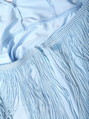 ホルターネックフリンジミニドレス（女性用） - ライトブルー ボヘミアン タッセル バックレス ボディコン - サマーフェスティバル バケーション パーティー 2026