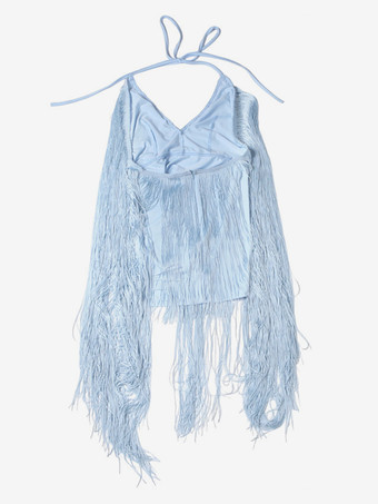 ホルターネックフリンジミニドレス（女性用） - ライトブルー ボヘミアン タッセル バックレス ボディコン - サマーフェスティバル バケーション パーティー 2026