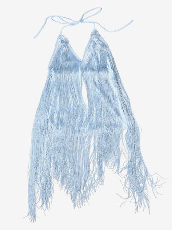 ホルターネックフリンジミニドレス（女性用） - ライトブルー ボヘミアン タッセル バックレス ボディコン - サマーフェスティバル バケーション パーティー 2026