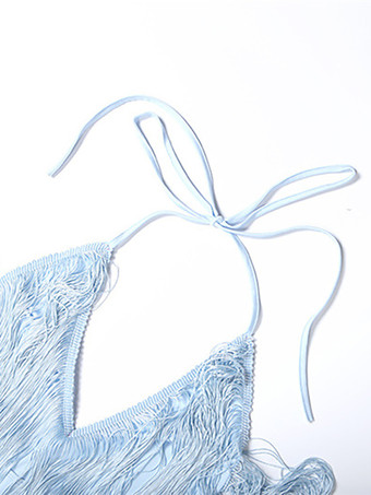 ホルターネックフリンジミニドレス（女性用） - ライトブルー ボヘミアン タッセル バックレス ボディコン - サマーフェスティバル バケーション パーティー 2026