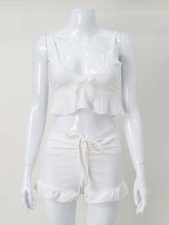 ホワイトレーストリム コケット 2ピースセット レディース - キャミソール ショート丈 ラウンジウェア - 夏のビーチカジュアル 2026