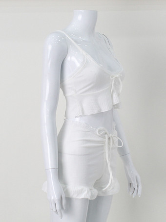 ホワイトレーストリム コケット 2ピースセット レディース - キャミソール ショート丈 ラウンジウェア - 夏のビーチカジュアル 2026