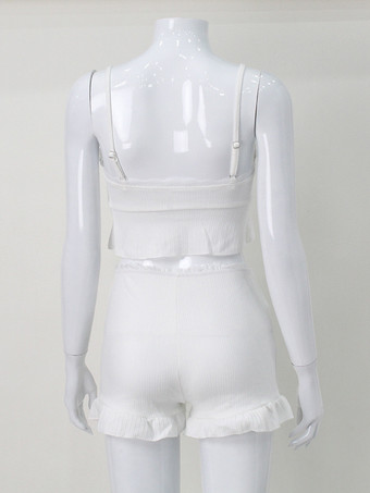 ホワイトレーストリム コケット 2ピースセット レディース - キャミソール ショート丈 ラウンジウェア - 夏のビーチカジュアル 2026