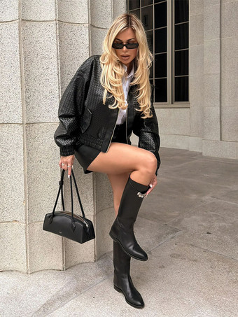 織り柄フェイクレザーボンバージャケット（レディース） - テクスチャード加工ジップアップクロップドジャケット - 2026年春のバイカーストリートウェア