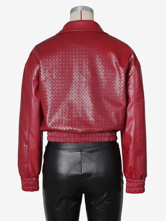 織り柄フェイクレザーボンバージャケット（レディース） - テクスチャード加工ジップアップクロップドジャケット - 2026年春のバイカーストリートウェア